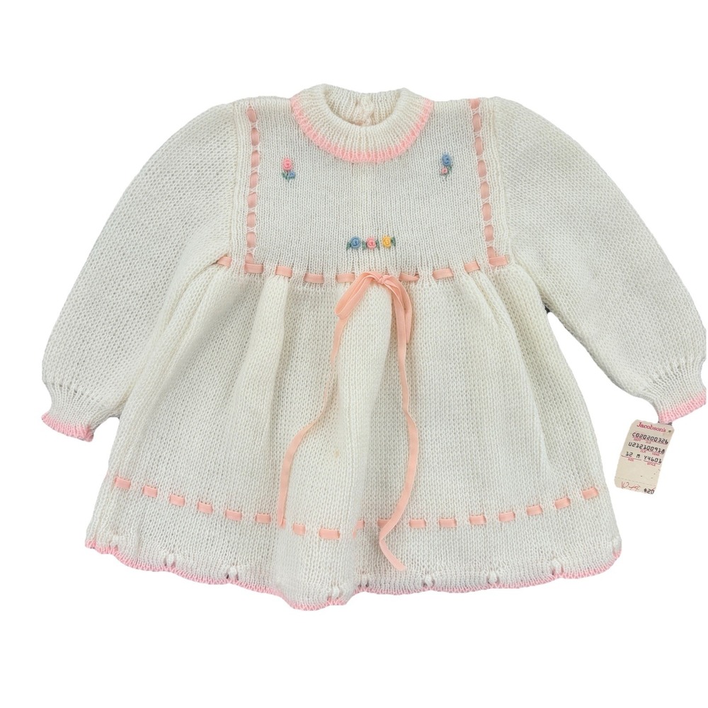 NWT Vintage Jacobsons Dress Baby Girl 12M Embroidered White Pink Ribbon Trim - Picture 1 of 8